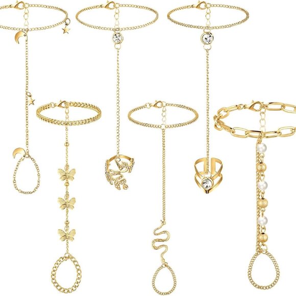 6 pcs Finger Ring Bracelet Linked Rhinestone Hand Harness Chain Slave Bracelet w - Picture 1 of 7
